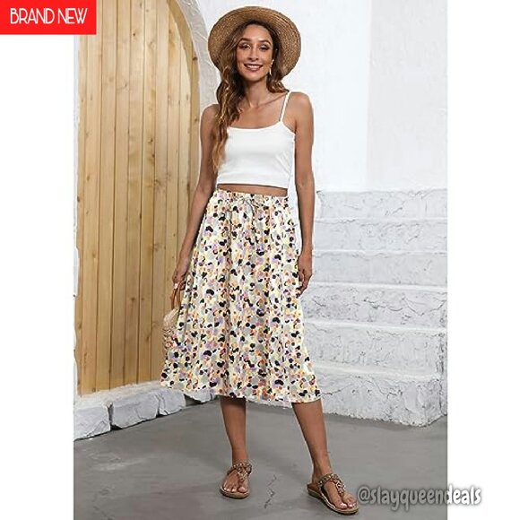 Flowy Midi Skirt with Pockets Elastic Waist A-Line Boho Style - Picture 5 of 8